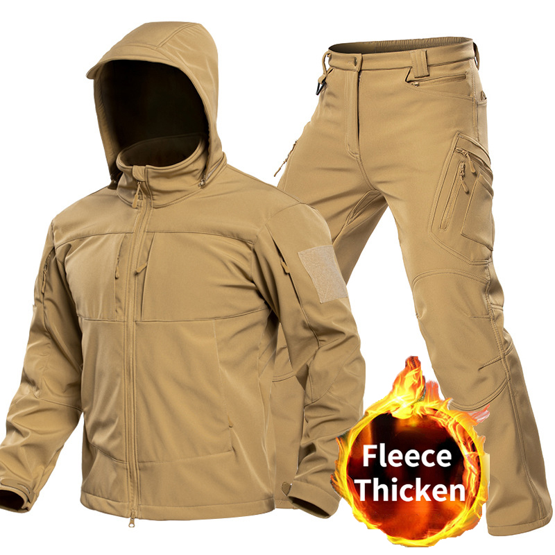 Hunting Outdoor Clothing - 男性用アウトドアタクティカルソフトシェルスーツ フード付きフルジップジャケット カーゴパンツ 防風マルチポケットセット ハンティング・ハイキング・キャンプ用