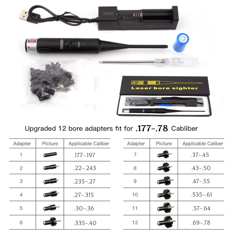 Laser Boresighter Kit - ボアサイトキット 12アダプター レーザーボアサイト .177 .22口径から.78まで レーザーコリメーターボアサイト