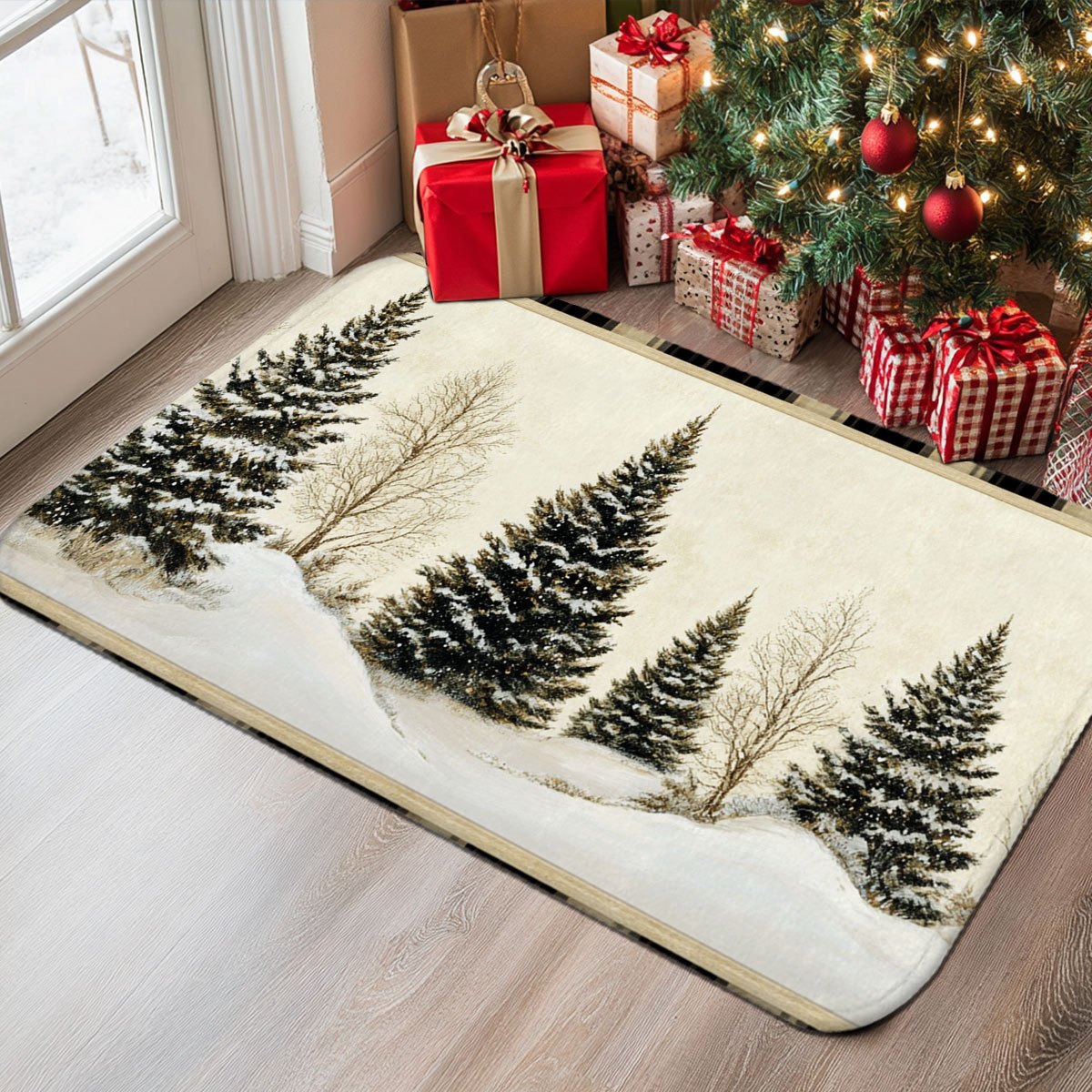 Hunting Outdoor Christmas Decorations - 冬の雪景色をイメージした狩猟小屋と松の木のクリスマス柄ドアマット、滑り止め加工、洗濯可能、キッチン、バスルーム、寝室、家の装飾に。